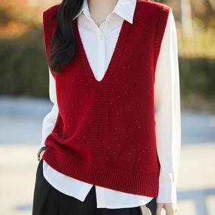 复古红色V领针织毛衣马甲背心女春季设计感小众叠穿坎肩无袖上衣