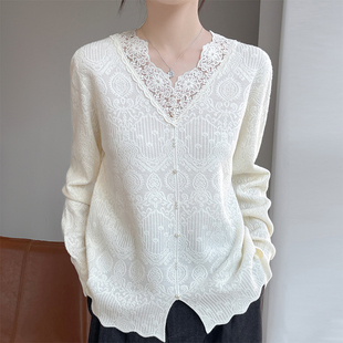 秋冬新款V领蕾丝拼接针织衫女宽松显瘦纯色洋气百搭毛衣时尚打底