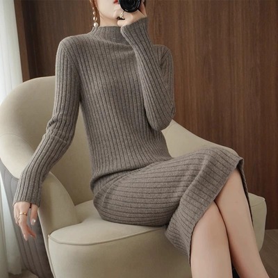 中长款过膝针织连衣裙女半高领