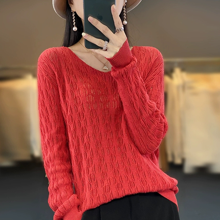 纯棉镂空针织衫女薄款V领上衣宽松慵懒风毛衣外套短款长袖打底衫