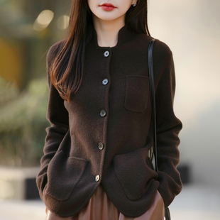 秋冬显瘦时尚 外套女设计感休闲带兜百搭长袖 上衣 立领针织开衫 韩式