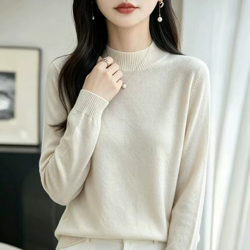 不起球纯棉纱针织衫女丝光棉半高