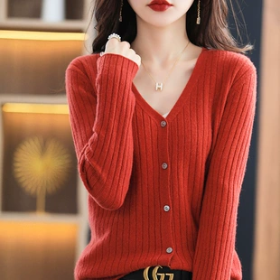 V领针织衫 羊毛开衫 上衣外搭坑条羊绒毛衣外套 2022早春新品 女春季