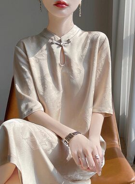 轻奢缎面提花旗袍裙女春夏新款