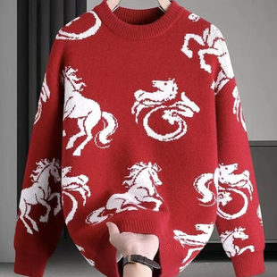中国风马年红色提花毛衣圆领加厚男女毛衣情侣针织衫洋气保暖上衣