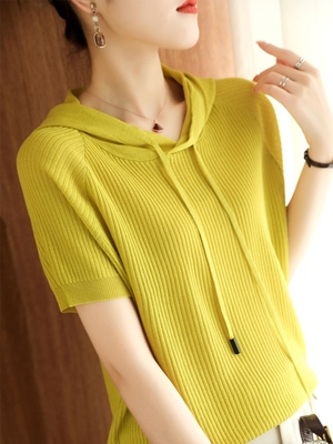 连帽冰丝短袖t恤女春夏2024新款带帽针织衫薄款打底衫女内搭半袖