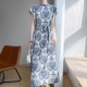 新款 法式 时尚 高雅半高领缎面印花连衣裙垂坠感气质百搭印花长裙