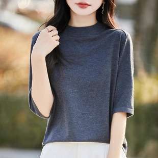 精纺半高领针织短袖t恤女春夏新款宽松显瘦内搭打底衫半袖T恤上衣