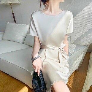 2025夏季新款醋酸缎面连衣裙女士简约真丝时尚气质系带中长款裙子