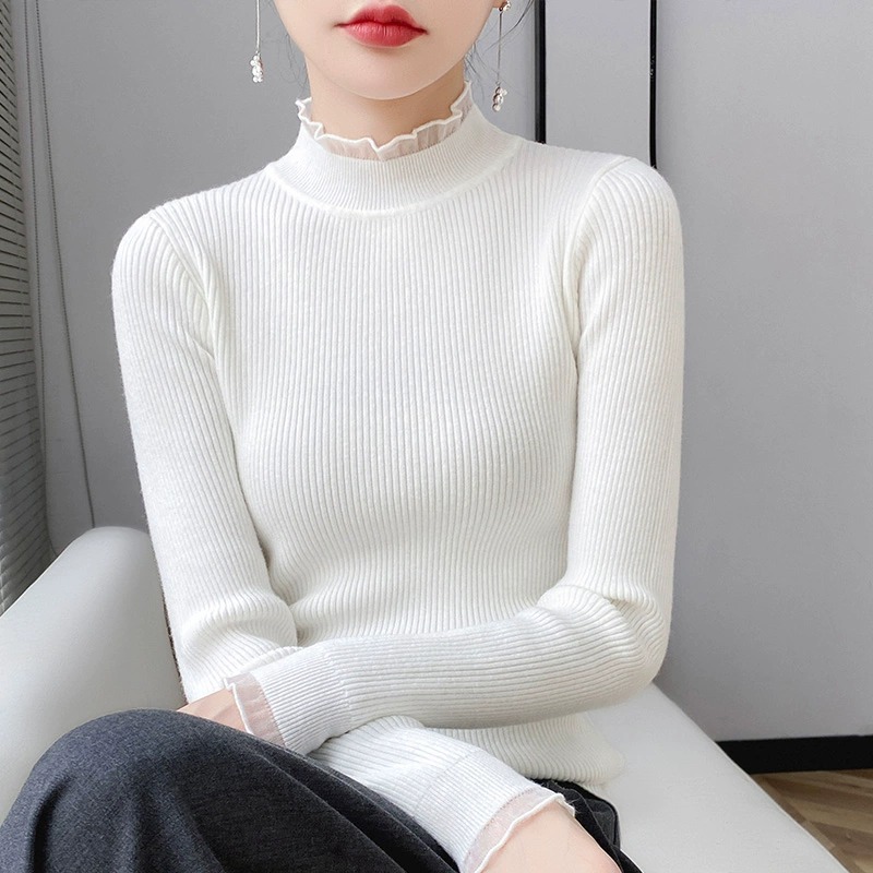 蕾丝边半高领针织衫女修身显瘦
