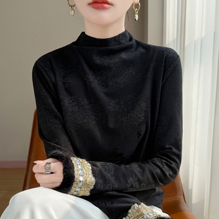 加绒新中式刺绣衬衫打底衫女国风马甲内搭黑色半高领长袖加厚t恤