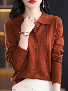 POLO领长袖针织开衫女翻领宽松镂空上衣气质薄款毛衣外搭针织衬衫