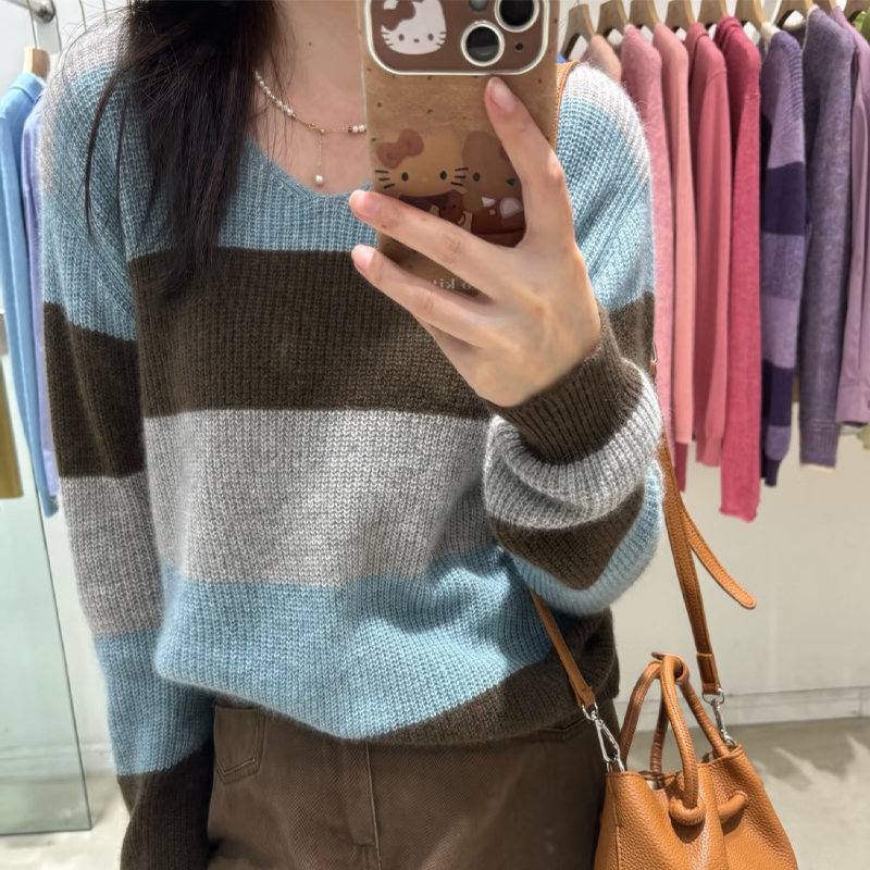 条纹毛衣宽松洋气针织衫彩色毛衫