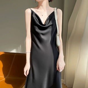 显瘦真丝裙子 缎面真丝长裙V领修身 夏季 女士黑色吊带连衣裙修身