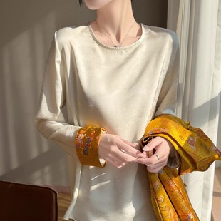 复古国风圆领拼色刺绣衬衫女长袖宽松新中式打底衫白色小衫T恤衫