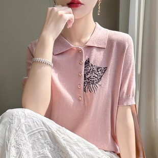 韩系翻领桑蚕丝针织衫女上衣夏季2025新款POLO领卡通猫咪短袖T恤