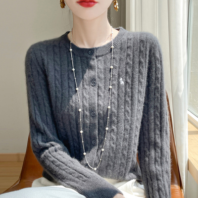灰色麻花刺绣韩版圆领针织开衫外搭2024春秋毛衣单排扣外套上衣