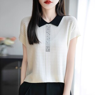 莱赛尔天丝撞色短袖T恤女宽松娃娃脸减龄t恤半袖衫气质烫钻上衣夏