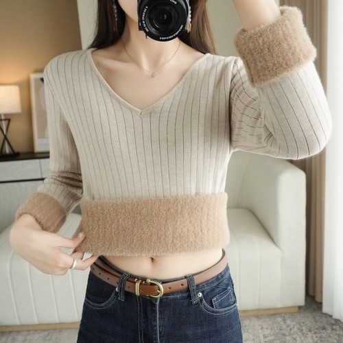 秋冬V领打底加绒修身保暖针织衫