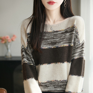 韩系慵懒风时尚毛衣条纹外穿撞色设计感超美针织衫圆领宽松毛衣