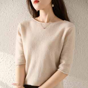 新款短袖羊绒衫女圆领宽松套头针织五分袖毛衣半袖百搭打底衫