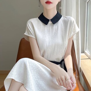 醋酸缎面短袖连衣裙女半高领印花系带收腰中长裙高端大码气质裙子