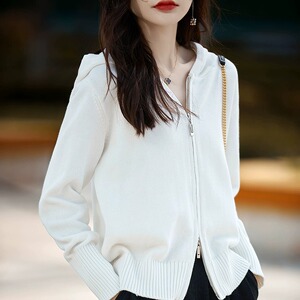 秋冬新款拉链纯棉开衫外套女毛衣减龄连帽针织衫女宽松带帽针织衫