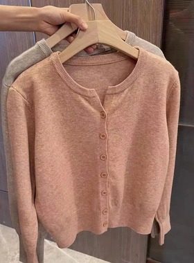 春秋薄款羊毛针织开衫女韩版圆领宽松短款羊绒衫外搭毛衣外套上衣