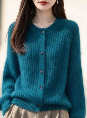 竖坑条圆领貂绒针织开衫女秋冬软