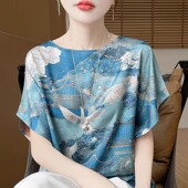 女圆领2025夏季 新款 印花丝滑宽松薄款 高级感国风短袖 落肩半袖 上衣