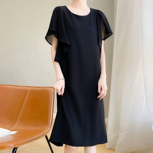 短袖 连衣裙女法式 新款 2023夏季 黑裙宽松显瘦气质妈妈醋酸缎面裙子