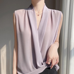 内搭雪纺交叉衬衫 设计师高定 t恤V领吊带背心女西装 无袖 上衣 法式