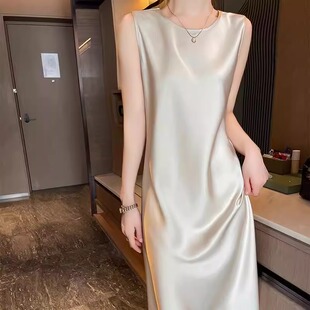 高级感圆领真丝吊带连衣裙女春夏醋酸缎面中长裙内搭丝绸无袖气质