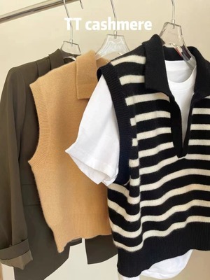 法式条纹V领针织马甲女秋季短款