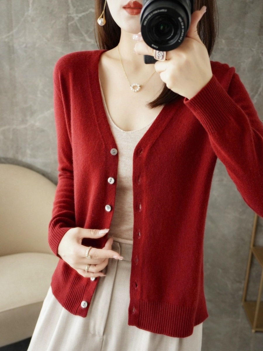 Anti-season clearance spring and autumn new V-neck cashmere cardigan women's outerwear solid color plus-size sweater bottom knit outer