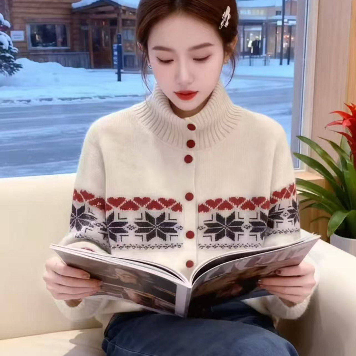 冬季巨好看提花高领加厚毛衣开衫女慵懒风宽松针织衫纽扣撞色外套,女装/女士精品,毛针织衫,淘宝优惠券,粉丝福利购,淘宝优惠卷