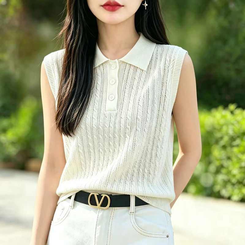 法式复古POLO领麻花针织背心女2026夏季薄款无袖显瘦叠穿天丝上衣