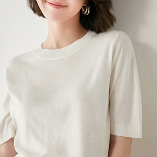 圆领羊毛针织短袖 夏季 打底上衣纯色T恤夏装 女宽松五分袖 新款 大码