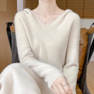 100纯羊毛针织连帽卫衣女打底衫秋冬套头宽松毛衣外穿上衣带帽衫