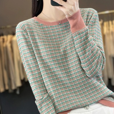 100%纯棉针织千鸟格子长袖