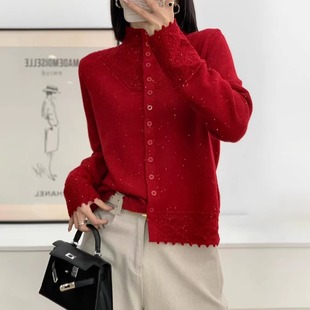 爆款秋冬洋气针织开衫上衣毛衣衬衫红色半高领蕾丝边排扣打底衫