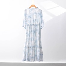 气质优雅乔其雪纺纱连衣裙女2025夏季新款轻薄飘逸V领收腰中长裙