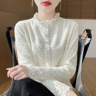 加绒半高花边领长袖套头衬衫女装冬季蕾丝西装内搭叠穿打底衫上衣