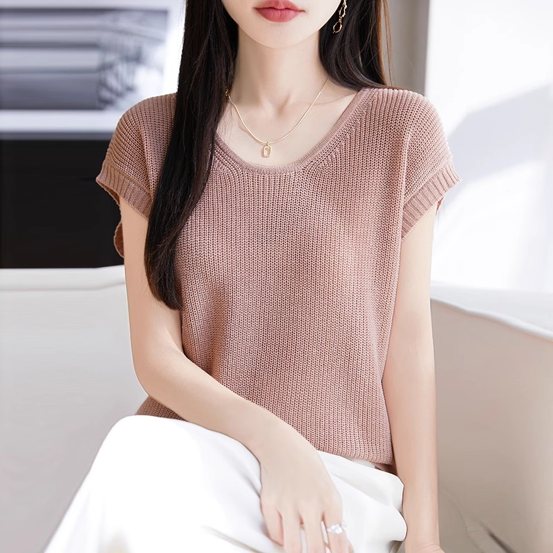 天丝亚麻V领落肩针织背心女薄款
