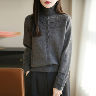 祖母风半高领重工钩花针织开衫女灰色毛衣外套保暖显瘦打底上衣潮