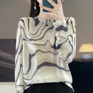 女宽松套头打底毛衣精纺上衣 针织衫 天丝细绒棉长袖 斑马纹印花薄款