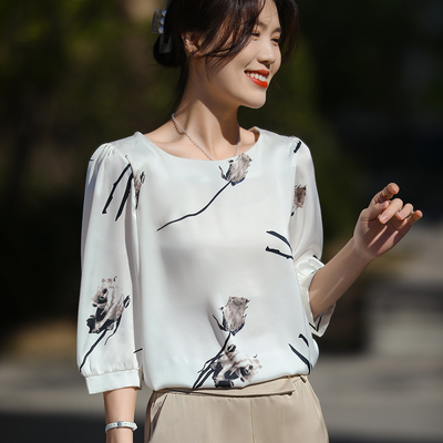 气质印花宽松小衫桑蚕丝T恤上衣
