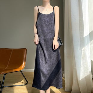 高端鎏金沙醋酸缎面吊带裙女可调节龟裂纹香云纱新中式长款连衣裙