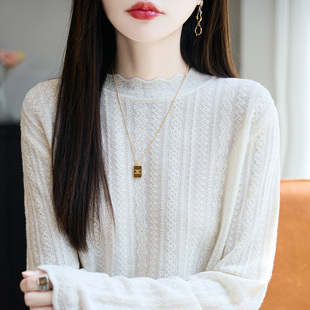 白色打底衫女秋季新款薄款蕾丝内搭半高领木耳边针织衫中领薄毛衣