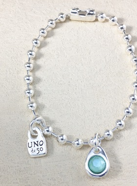 西班牙unode50轻奢复古银色手链绿色宝石吊坠女小众简约气质